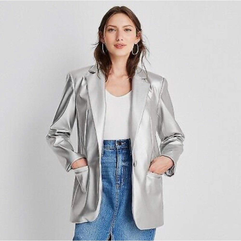 Women's Relaxed Fit Faux Leather Blazer - A New Day Silver S